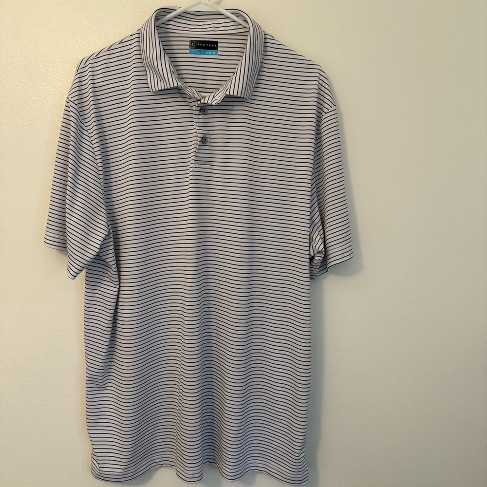 PGA Tour Golf Shirt Black & White Striped Short Sleeve Sporty Polo Men’s Sz XL